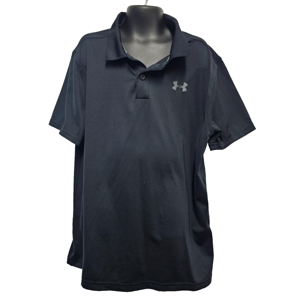Under Armour Performance Polo Youth Boy's L Black Short Sleeve Gray Logo